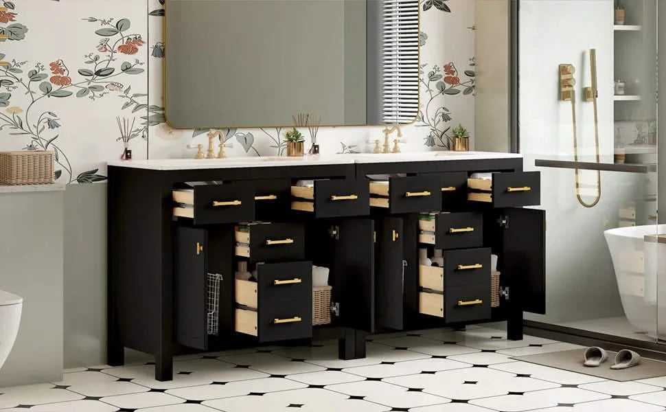 72'' Bathroom Vanity with Ceramic Sink Combo Set, Modern Freestanding Single Bathroom Cabinet with 4 Drawers & 2 Cabinets,Storage Cabinet for Bathroom, Solid Wood Frame Vanity Set Default -DTYStore