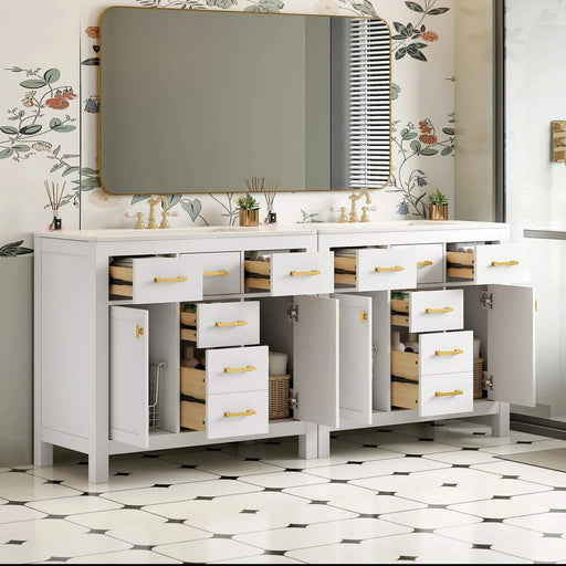 72'' Bathroom Vanity with Ceramic Sink Combo Set, Modern Freestanding Single Bathroom Cabinet with 4 Drawers & 2 Cabinets,Storage Cabinet for Bathroom, Solid Wood Frame Vanity Set Default -DTYStore