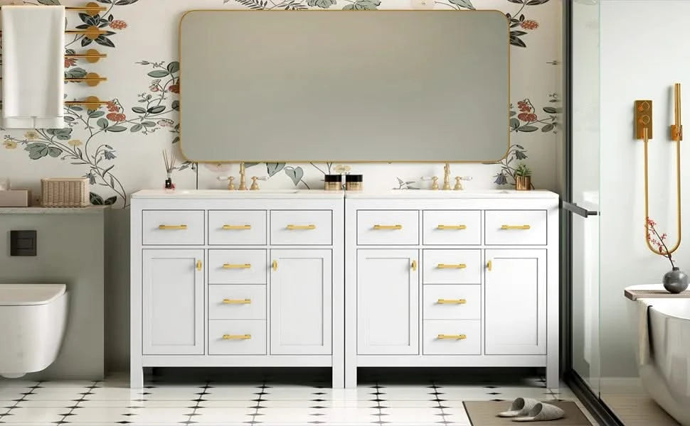 72'' Bathroom Vanity with Ceramic Sink Combo Set, Modern Freestanding Single Bathroom Cabinet with 4 Drawers & 2 Cabinets,Storage Cabinet for Bathroom, Solid Wood Frame Vanity Set Default -DTYStore