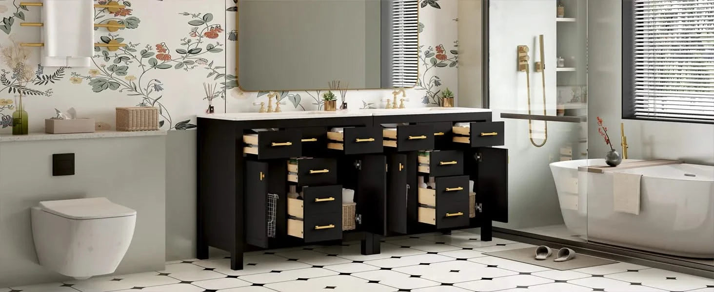 72'' Bathroom Vanity with Ceramic Sink Combo Set, Modern Freestanding Single Bathroom Cabinet with 4 Drawers & 2 Cabinets,Storage Cabinet for Bathroom, Solid Wood Frame Vanity Set Default -DTYStore