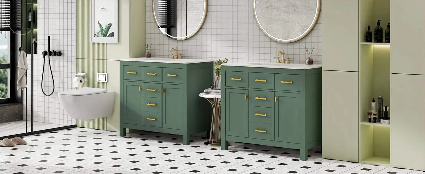 72'' Bathroom Vanity with Ceramic Sink Combo Set, Modern Freestanding Single Bathroom Cabinet with 4 Drawers & 2 Cabinets,Storage Cabinet for Bathroom, Solid Wood Frame Vanity Set, Green Default -DTYStore