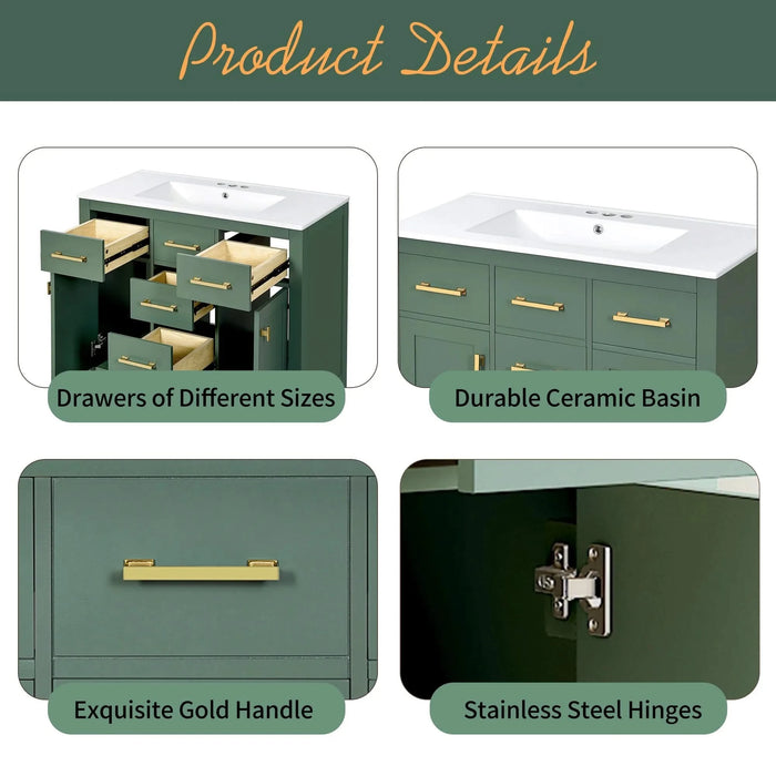 72'' Bathroom Vanity with Ceramic Sink Combo Set, Modern Freestanding Single Bathroom Cabinet with 4 Drawers & 2 Cabinets,Storage Cabinet for Bathroom, Solid Wood Frame Vanity Set, Green Default -DTYStore