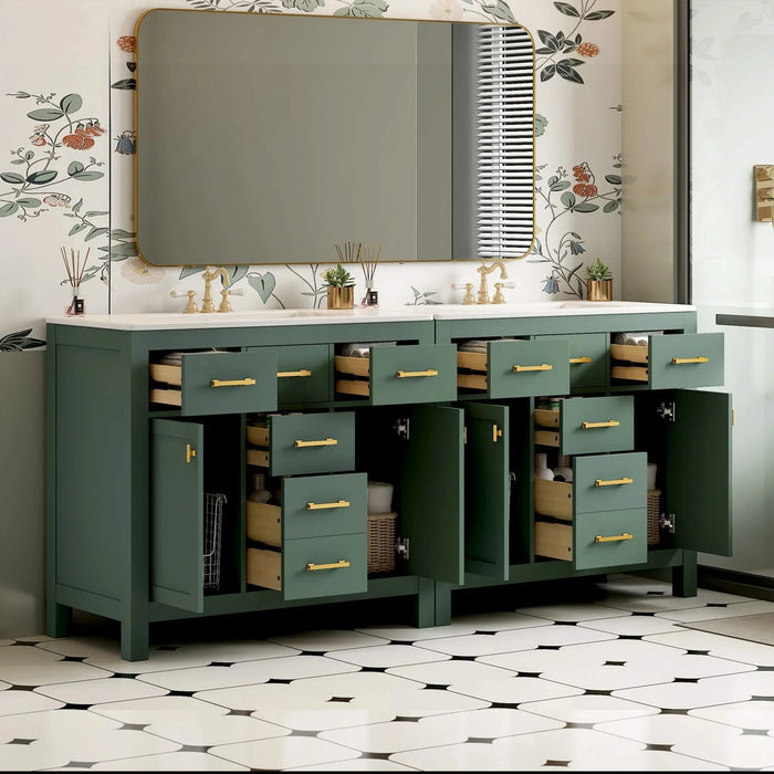 72'' Bathroom Vanity with Ceramic Sink Combo Set, Modern Freestanding Single Bathroom Cabinet with 4 Drawers & 2 Cabinets,Storage Cabinet for Bathroom, Solid Wood Frame Vanity Set, Green Default -DTYStore