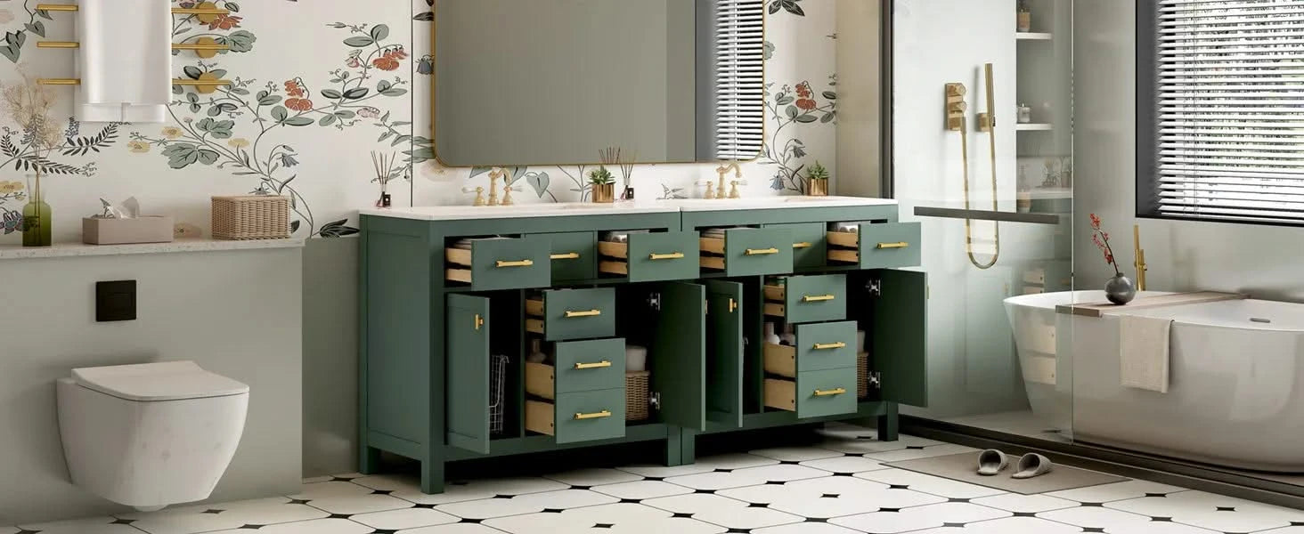 72'' Bathroom Vanity with Ceramic Sink Combo Set, Modern Freestanding Single Bathroom Cabinet with 4 Drawers & 2 Cabinets,Storage Cabinet for Bathroom, Solid Wood Frame Vanity Set, Green Default -DTYStore