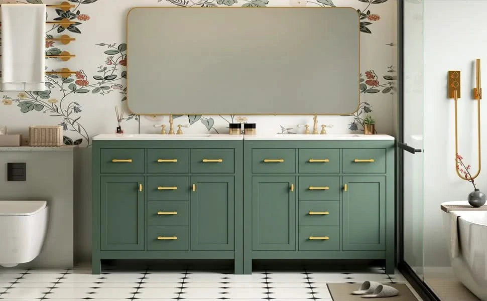 72'' Bathroom Vanity with Ceramic Sink Combo Set, Modern Freestanding Single Bathroom Cabinet with 4 Drawers & 2 Cabinets,Storage Cabinet for Bathroom, Solid Wood Frame Vanity Set, Green Default -DTYStore