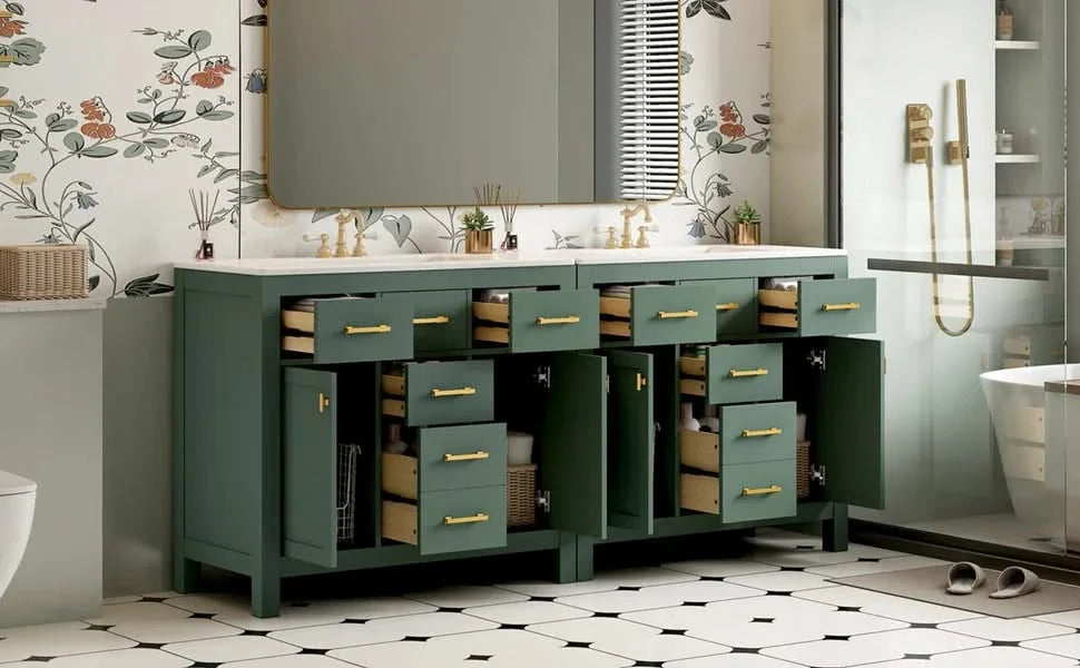 72'' Bathroom Vanity with Ceramic Sink Combo Set, Modern Freestanding Single Bathroom Cabinet with 4 Drawers & 2 Cabinets,Storage Cabinet for Bathroom, Solid Wood Frame Vanity Set, Green Default -DTYStore