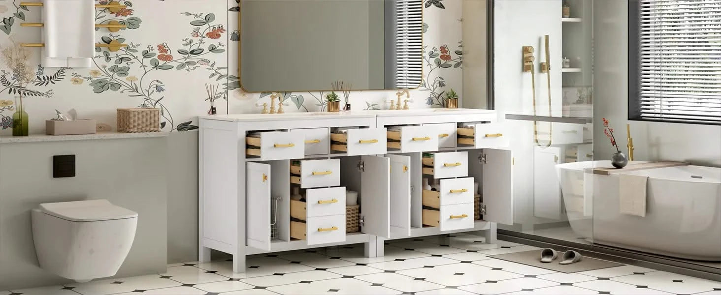 72'' Bathroom Vanity with Ceramic Sink Combo Set, Modern Freestanding Single Bathroom Cabinet with 4 Drawers & 2 Cabinets,Storage Cabinet for Bathroom, Solid Wood Frame Vanity Set Default -DTYStore