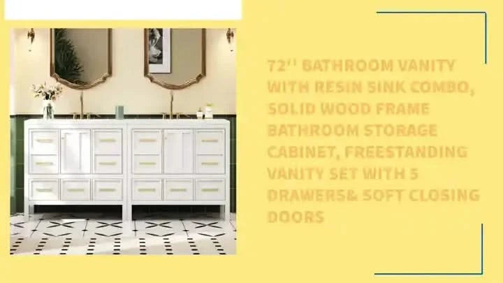 72'' Bathroom Vanity with Resin Sink Combo, Solid Wood Frame Bathroom Storage Cabinet, Freestanding Vanity Set with 5 Drawers& Soft Closing Doors -DTYStore