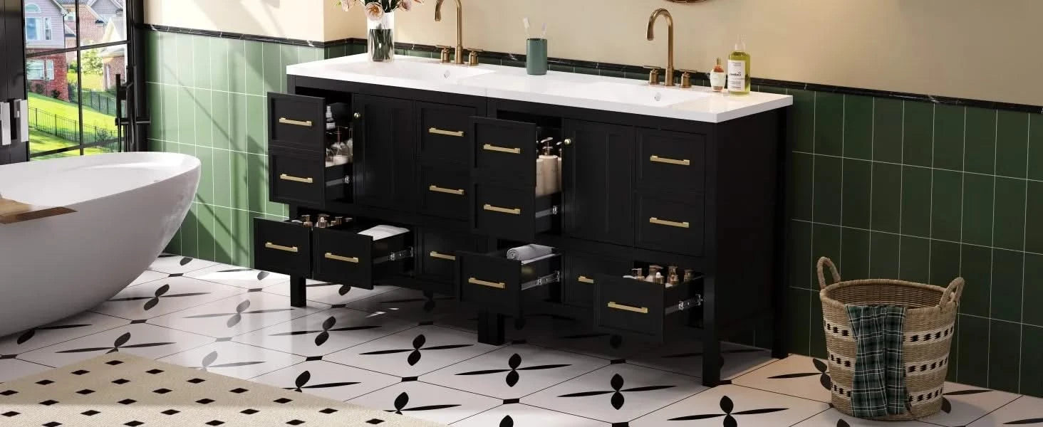 72'' Bathroom Vanity with Resin Sink Combo, Solid Wood Frame Bathroom Storage Cabinet, Freestanding Vanity Set with 5 Drawers& Soft Closing Doors Default -DTYStore