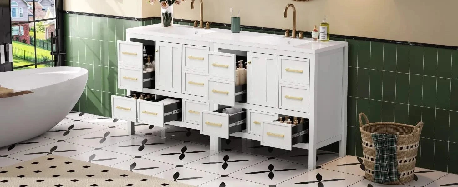 72'' Bathroom Vanity with Resin Sink Combo, Solid Wood Frame Bathroom Storage Cabinet, Freestanding Vanity Set with 5 Drawers& Soft Closing Doors Default -DTYStore