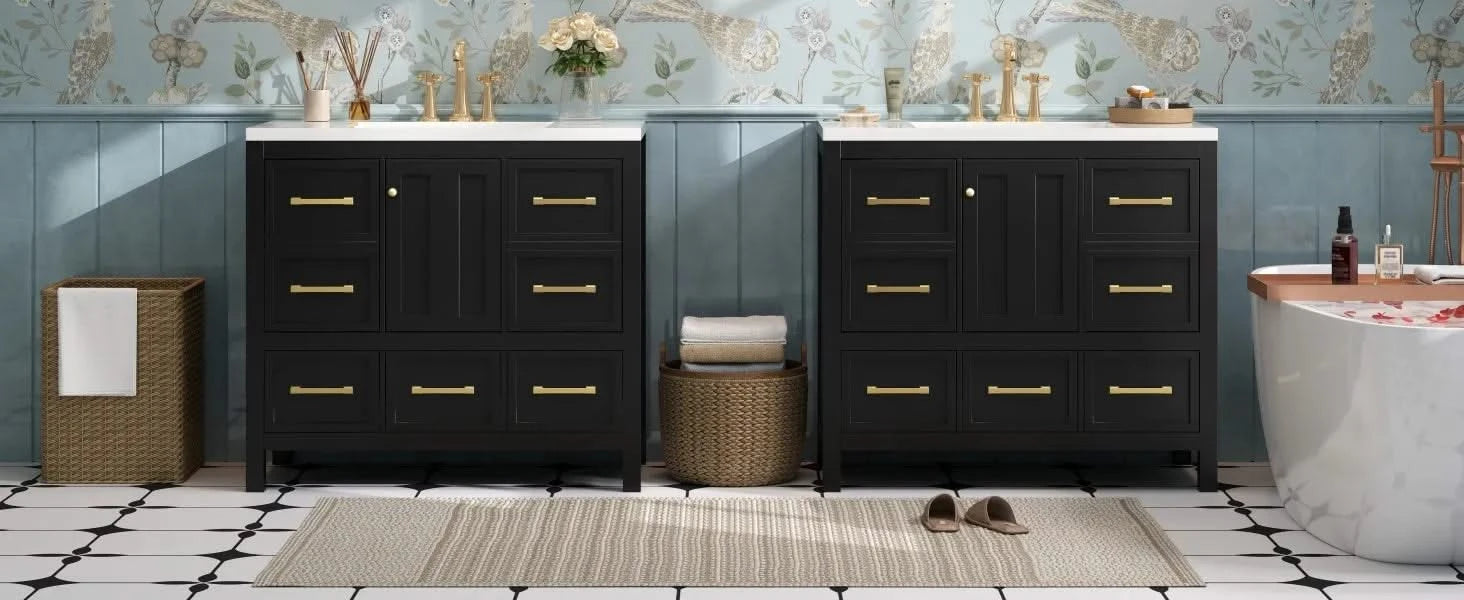 72'' Bathroom Vanity with Resin Sink Combo, Solid Wood Frame Bathroom Storage Cabinet, Freestanding Vanity Set with 5 Drawers& Soft Closing Doors Default -DTYStore