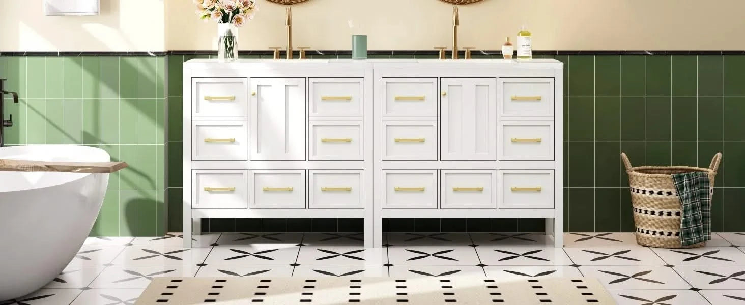 72'' Bathroom Vanity with Resin Sink Combo, Solid Wood Frame Bathroom Storage Cabinet, Freestanding Vanity Set with 5 Drawers& Soft Closing Doors Default -DTYStore