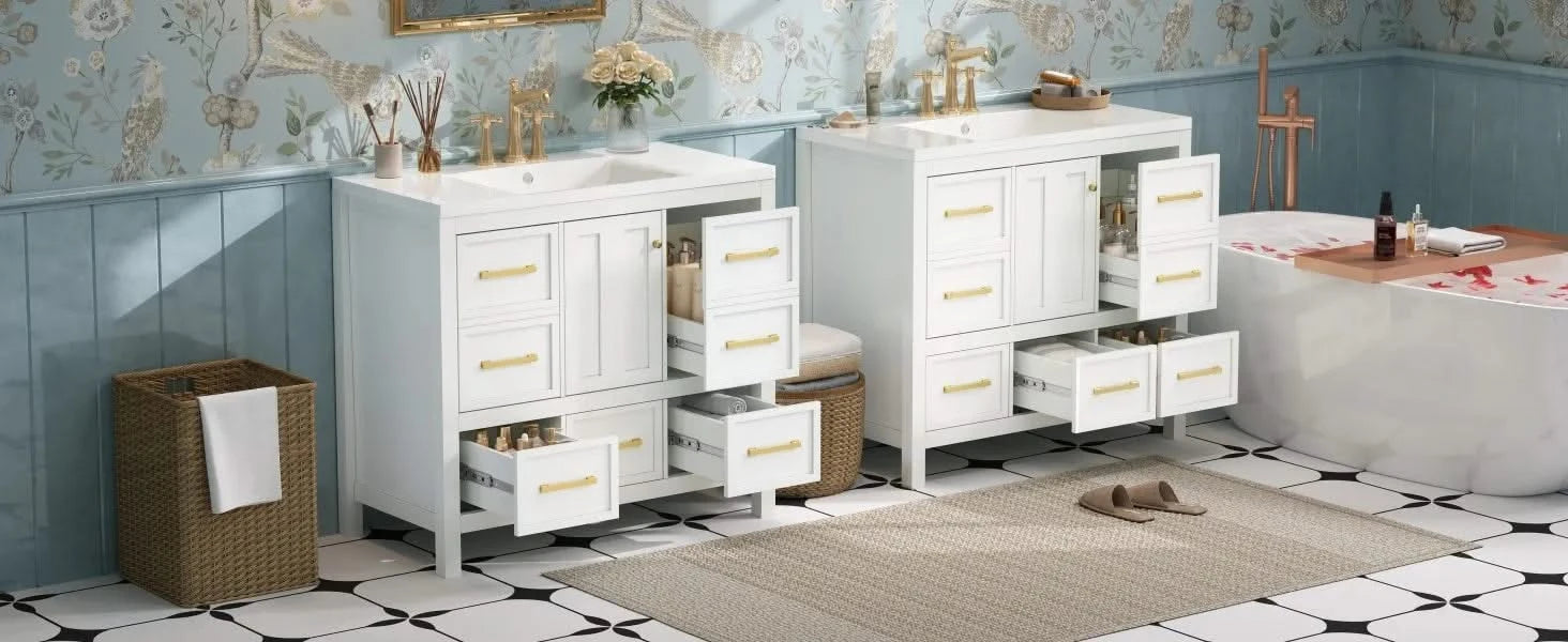 72'' Bathroom Vanity with Resin Sink Combo, Solid Wood Frame Bathroom Storage Cabinet, Freestanding Vanity Set with 5 Drawers& Soft Closing Doors Default -DTYStore