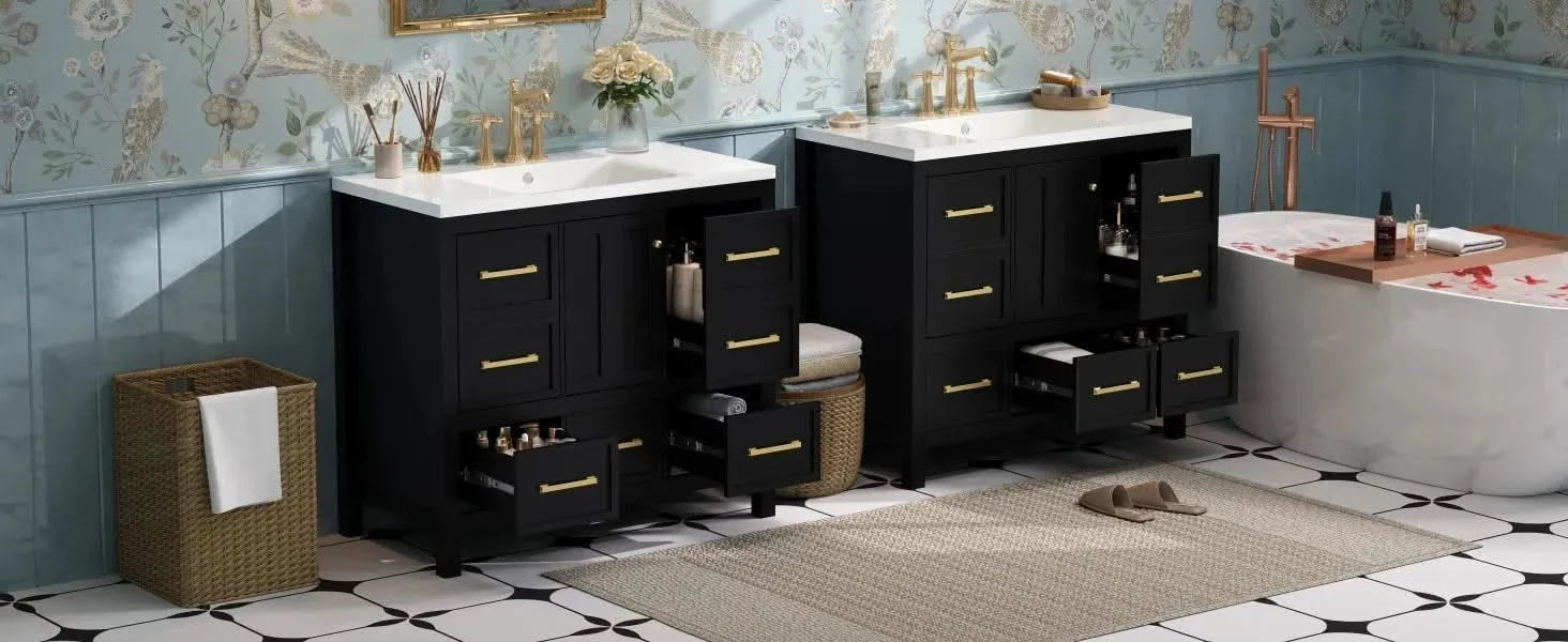 72'' Bathroom Vanity with Resin Sink Combo, Solid Wood Frame Bathroom Storage Cabinet, Freestanding Vanity Set with 5 Drawers& Soft Closing Doors Default -DTYStore