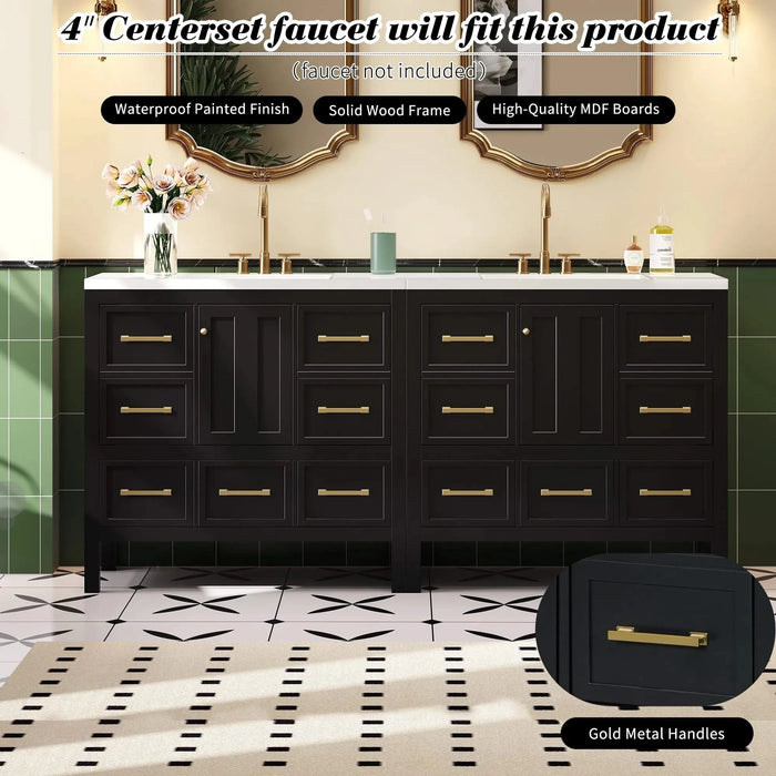 72'' Bathroom Vanity with Resin Sink Combo, Solid Wood Frame Bathroom Storage Cabinet, Freestanding Vanity Set with 5 Drawers& Soft Closing Doors Default -DTYStore