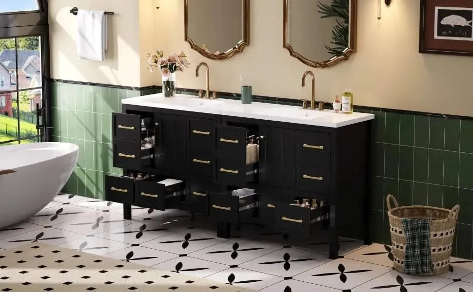 72'' Bathroom Vanity with Resin Sink Combo, Solid Wood Frame Bathroom Storage Cabinet, Freestanding Vanity Set with 5 Drawers& Soft Closing Doors Default -DTYStore