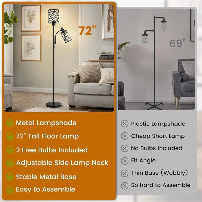 72' Farmhouse Floor Lamps for Living room, Black Floor Lamp with Adjustable Reading Lamp, 2-Light Tall Standing Lamps with 2 Edison Bulbs, Industrial Floor Lamps for Bedroom, Office, 6W, Black Default -DTYStore