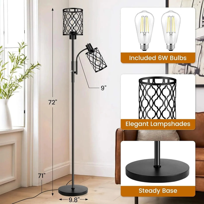 72' Farmhouse Floor Lamps for Living room, Black Floor Lamp with Adjustable Reading Lamp, 2-Light Tall Standing Lamps with 2 Edison Bulbs, Industrial Floor Lamps for Bedroom, Office, 6W, Black Default -DTYStore