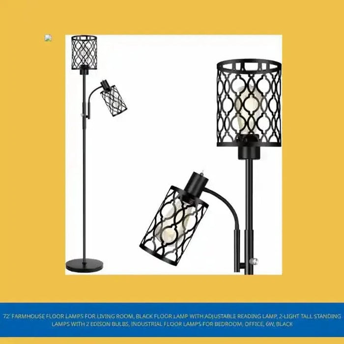 72' Farmhouse Floor Lamps for Living room, Black Floor Lamp with Adjustable Reading Lamp, 2-Light Tall Standing Lamps with 2 Edison Bulbs, Industrial Floor Lamps for Bedroom, Office, 6W, Black -DTYStore