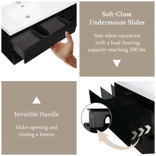 72' Floating Bathroom Vanity with Sink, Modern Wall-Mounted Bathroom Storage Vanity Cabinet with 2 Resin Top Basin and 4 Soft Close Drawers, Glossy Black 24V11-72GB Default -DTYStore