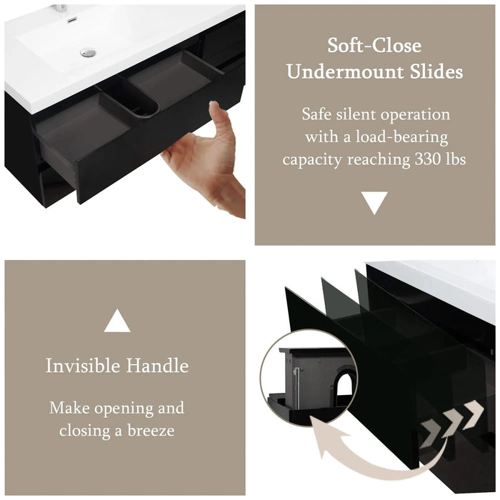 72' Floating Bathroom Vanity with Sink, Modern Wall-Mounted Bathroom Storage Vanity Cabinet with 2 Resin Top Basin and 4 Soft Close Drawers, Glossy Black 24V11-72GB Default -DTYStore