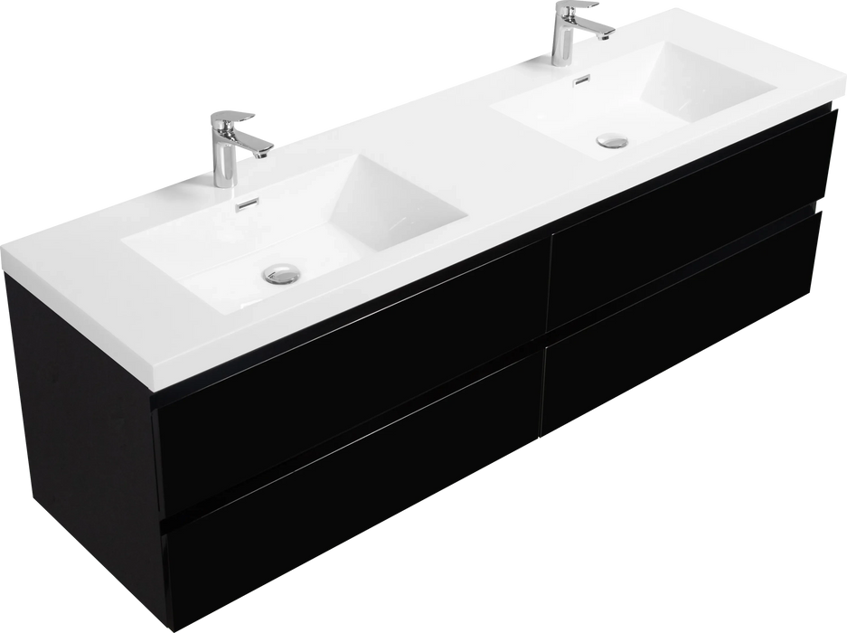 72' Floating Bathroom Vanity with Sink, Modern Wall-Mounted Bathroom Storage Vanity Cabinet with 2 Resin Top Basin and 4 Soft Close Drawers, Glossy Black 24V11-72GB Default -DTYStore