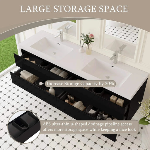 72' Floating Bathroom Vanity with Sink, Modern Wall-Mounted Bathroom Storage Vanity Cabinet with 2 Resin Top Basin and 4 Soft Close Drawers, Glossy Black 24V11-72GB Default -DTYStore