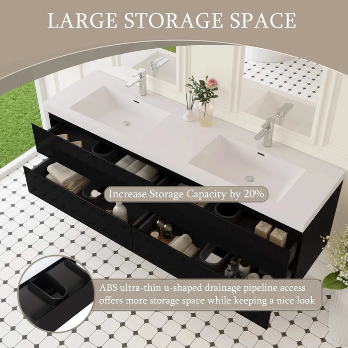 72' Floating Bathroom Vanity with Sink, Modern Wall-Mounted Bathroom Storage Vanity Cabinet with 2 Resin Top Basin and 4 Soft Close Drawers, Glossy Black 24V11-72GB Default -DTYStore