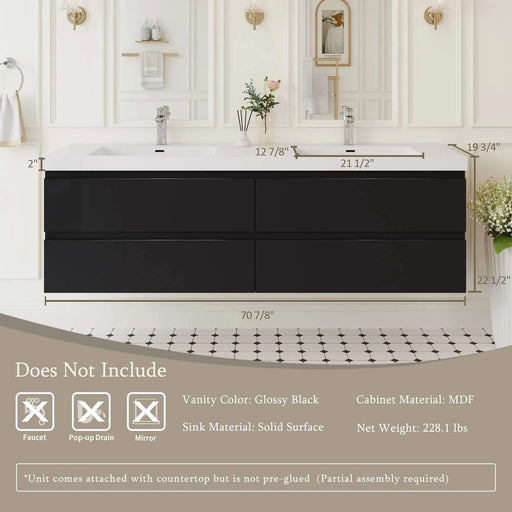 72' Floating Bathroom Vanity with Sink, Modern Wall-Mounted Bathroom Storage Vanity Cabinet with 2 Resin Top Basin and 4 Soft Close Drawers, Glossy Black 24V11-72GB Default -DTYStore