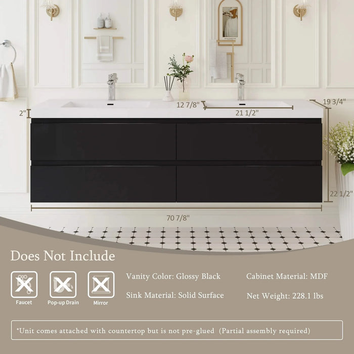 72' Floating Bathroom Vanity with Sink, Modern Wall-Mounted Bathroom Storage Vanity Cabinet with 2 Resin Top Basin and 4 Soft Close Drawers, Glossy Black 24V11-72GB Default -DTYStore