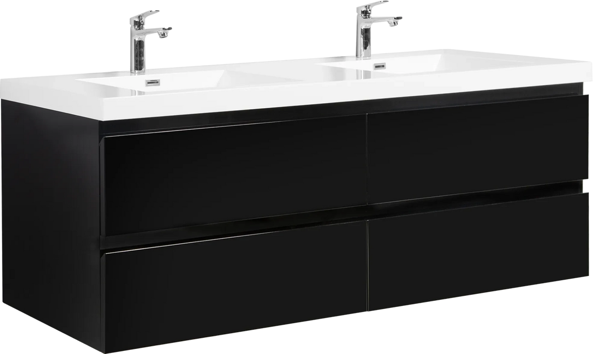 72' Floating Bathroom Vanity with Sink, Modern Wall-Mounted Bathroom Storage Vanity Cabinet with 2 Resin Top Basin and 4 Soft Close Drawers, Glossy Black 24V11-72GB Default -DTYStore