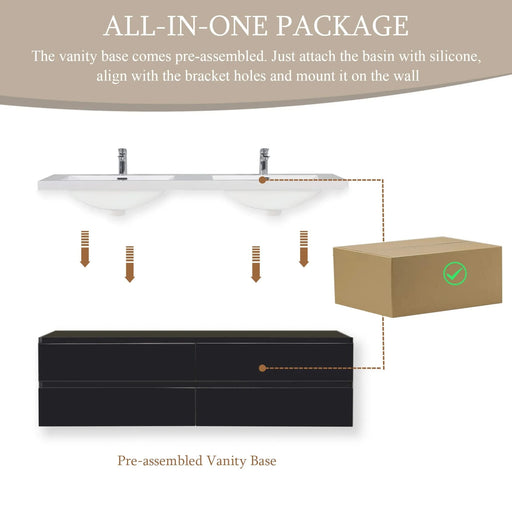 72' Floating Bathroom Vanity with Sink, Modern Wall-Mounted Bathroom Storage Vanity Cabinet with 2 Resin Top Basin and 4 Soft Close Drawers, Glossy Black 24V11-72GB Default -DTYStore