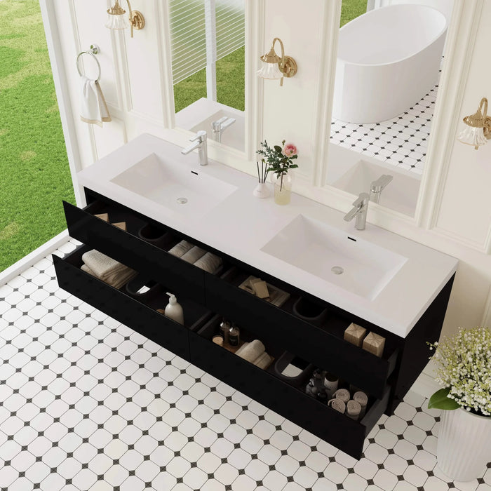 72' Floating Bathroom Vanity with Sink, Modern Wall-Mounted Bathroom Storage Vanity Cabinet with 2 Resin Top Basin and 4 Soft Close Drawers, Glossy Black 24V11-72GB Default -DTYStore