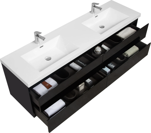 72' Floating Bathroom Vanity with Sink, Modern Wall-Mounted Bathroom Storage Vanity Cabinet with 2 Resin Top Basin and 4 Soft Close Drawers, Glossy Black 24V11-72GB Default -DTYStore