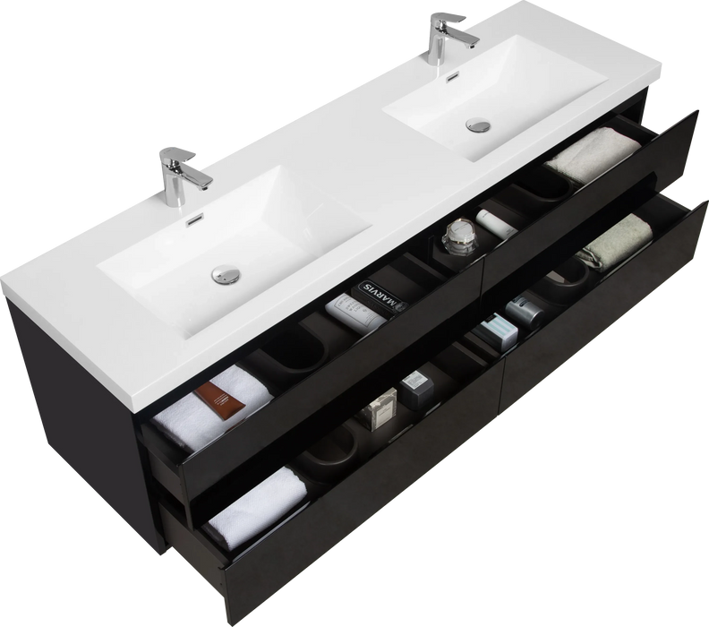 72' Floating Bathroom Vanity with Sink, Modern Wall-Mounted Bathroom Storage Vanity Cabinet with 2 Resin Top Basin and 4 Soft Close Drawers, Glossy Black 24V11-72GB Default -DTYStore
