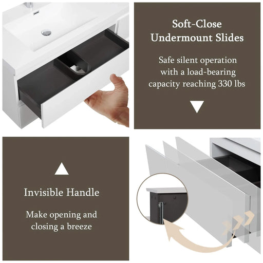 72' Floating Bathroom Vanity with Sink, Modern Wall-Mounted Bathroom Storage Vanity Cabinet with 2 Resin Top Basin and 4 Soft Close Drawers, Glossy White 24V11-72GW Default -DTYStore