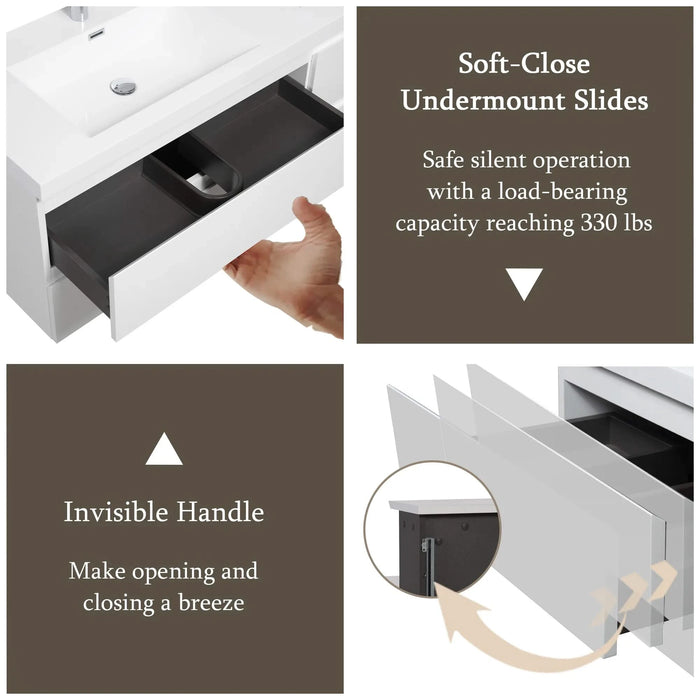 72' Floating Bathroom Vanity with Sink, Modern Wall-Mounted Bathroom Storage Vanity Cabinet with 2 Resin Top Basin and 4 Soft Close Drawers, Glossy White 24V11-72GW Default -DTYStore