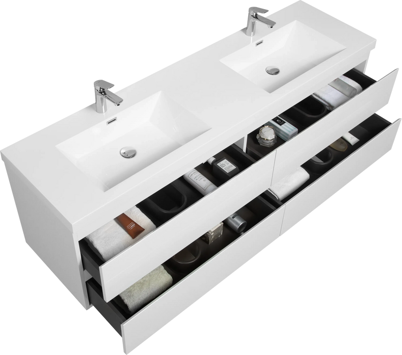 72' Floating Bathroom Vanity with Sink, Modern Wall-Mounted Bathroom Storage Vanity Cabinet with 2 Resin Top Basin and 4 Soft Close Drawers, Glossy White 24V11-72GW Default -DTYStore