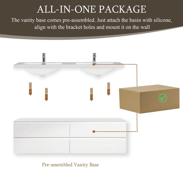 72' Floating Bathroom Vanity with Sink, Modern Wall-Mounted Bathroom Storage Vanity Cabinet with 2 Resin Top Basin and 4 Soft Close Drawers, Glossy White 24V11-72GW Default -DTYStore