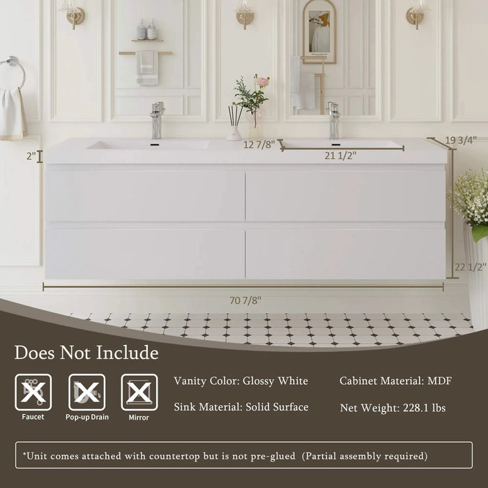 72' Floating Bathroom Vanity with Sink, Modern Wall-Mounted Bathroom Storage Vanity Cabinet with 2 Resin Top Basin and 4 Soft Close Drawers, Glossy White 24V11-72GW Default -DTYStore