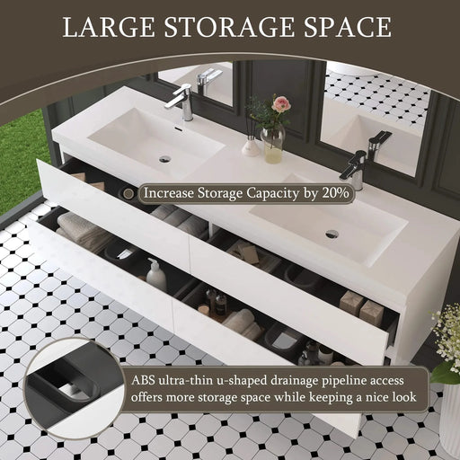 72' Floating Bathroom Vanity with Sink, Modern Wall-Mounted Bathroom Storage Vanity Cabinet with 2 Resin Top Basin and 4 Soft Close Drawers, Glossy White 24V11-72GW Default -DTYStore