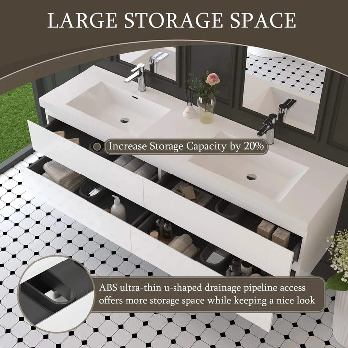 72' Floating Bathroom Vanity with Sink, Modern Wall-Mounted Bathroom Storage Vanity Cabinet with 2 Resin Top Basin and 4 Soft Close Drawers, Glossy White 24V11-72GW Default -DTYStore