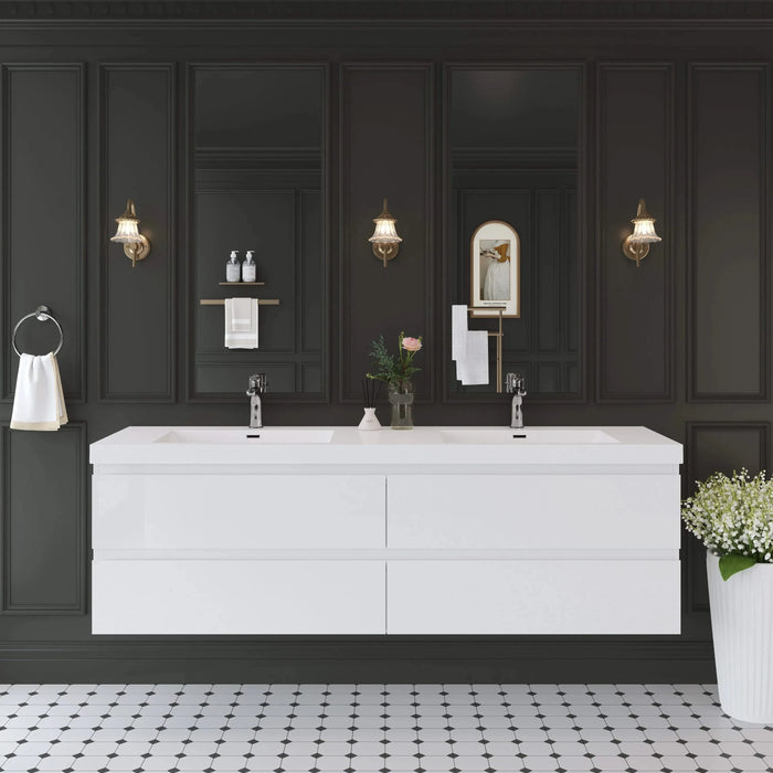 72' Floating Bathroom Vanity with Sink, Modern Wall-Mounted Bathroom Storage Vanity Cabinet with 2 Resin Top Basin and 4 Soft Close Drawers, Glossy White 24V11-72GW Default -DTYStore