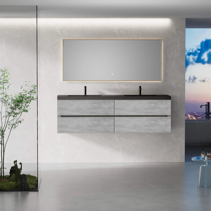 72' Floating Bathroom Vanity with Sink, Modern Wall-Mounted Bathroom Storage Vanity Cabinet with Two Black Quartz Sand Top Basins and Four Soft Close Drawers, EDI-Series Cement Grey 24V12-72GR Default -DTYStore