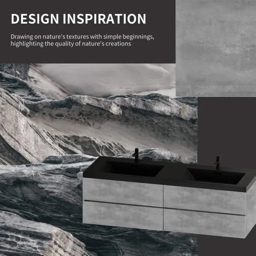 72' Floating Bathroom Vanity with Sink, Modern Wall-Mounted Bathroom Storage Vanity Cabinet with Two Black Quartz Sand Top Basins and Four Soft Close Drawers, EDI-Series Cement Grey 24V12-72GR Default -DTYStore