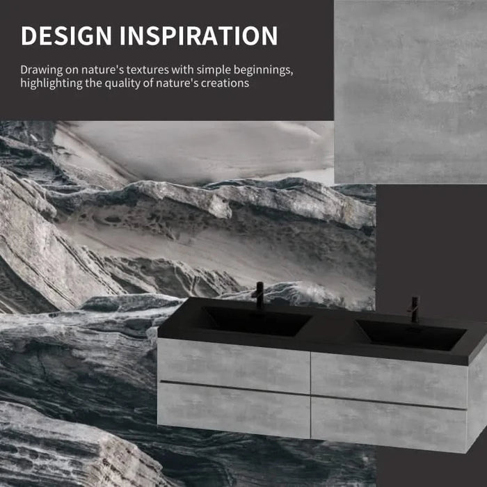 72' Floating Bathroom Vanity with Sink, Modern Wall-Mounted Bathroom Storage Vanity Cabinet with Two Black Quartz Sand Top Basins and Four Soft Close Drawers, EDI-Series Cement Grey 24V12-72GR Default -DTYStore