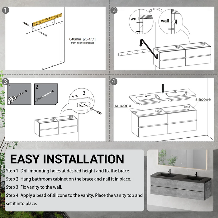 72' Floating Bathroom Vanity with Sink, Modern Wall-Mounted Bathroom Storage Vanity Cabinet with Two Black Quartz Sand Top Basins and Four Soft Close Drawers, EDI-Series Cement Grey 24V12-72GR Default -DTYStore
