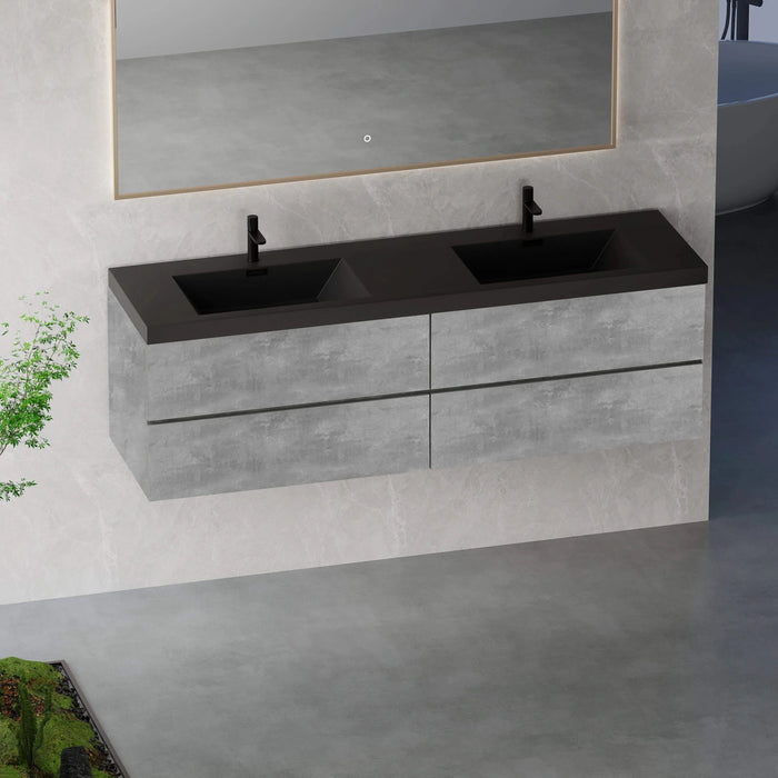 72' Floating Bathroom Vanity with Sink, Modern Wall-Mounted Bathroom Storage Vanity Cabinet with Two Black Quartz Sand Top Basins and Four Soft Close Drawers, EDI-Series Cement Grey 24V12-72GR Default -DTYStore