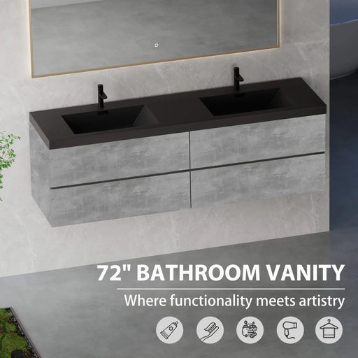 72' Floating Bathroom Vanity with Sink, Modern Wall-Mounted Bathroom Storage Vanity Cabinet with Two Black Quartz Sand Top Basins and Four Soft Close Drawers, EDI-Series Cement Grey 24V12-72GR Default -DTYStore