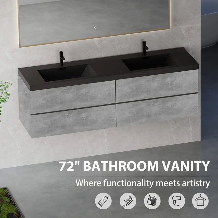 72' Floating Bathroom Vanity with Sink, Modern Wall-Mounted Bathroom Storage Vanity Cabinet with Two Black Quartz Sand Top Basins and Four Soft Close Drawers, EDI-Series Cement Grey 24V12-72GR Default -DTYStore